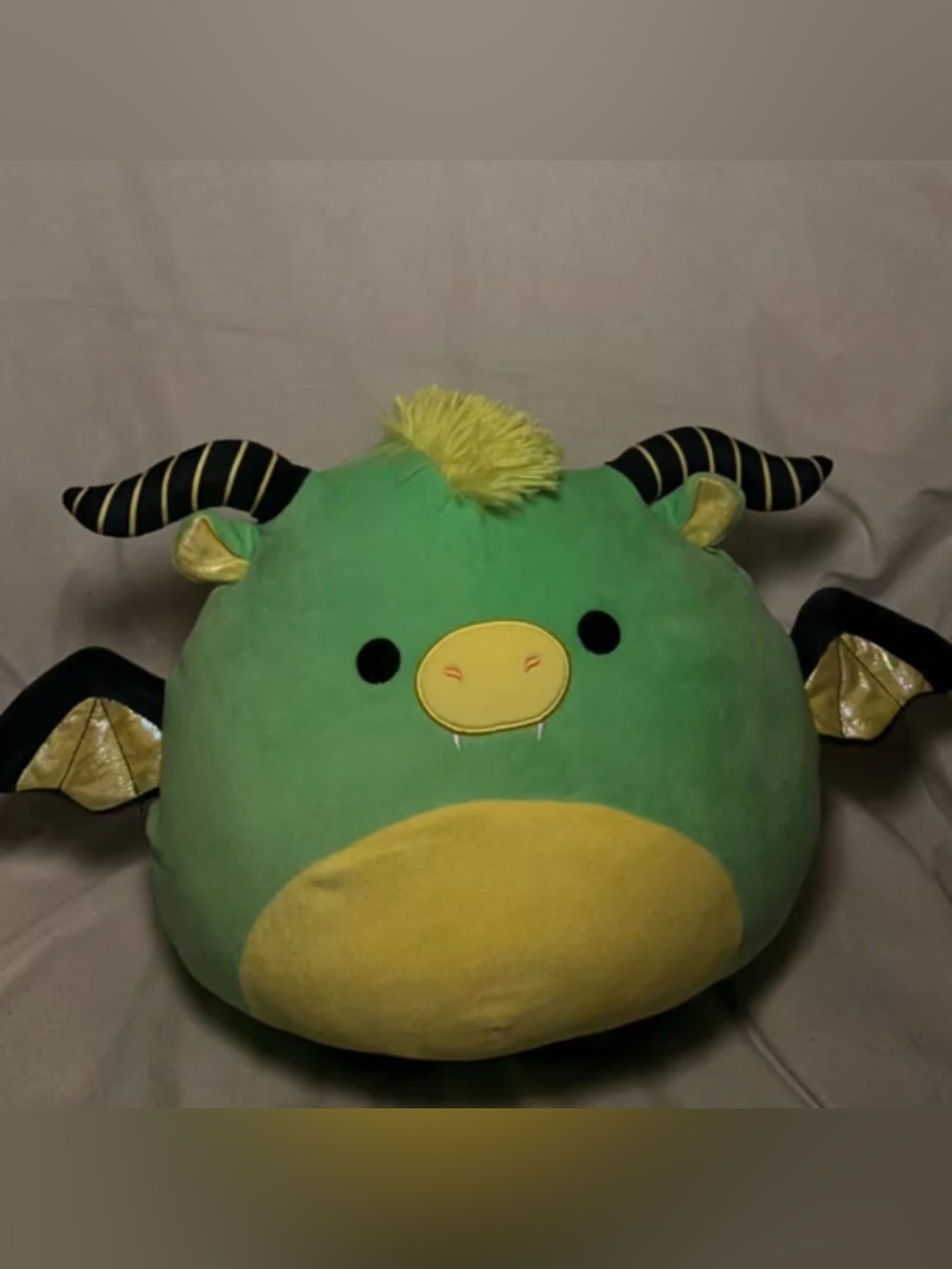 Squishmallows Green and Yellow Dragon Plush Pillow with Black Striped Horns